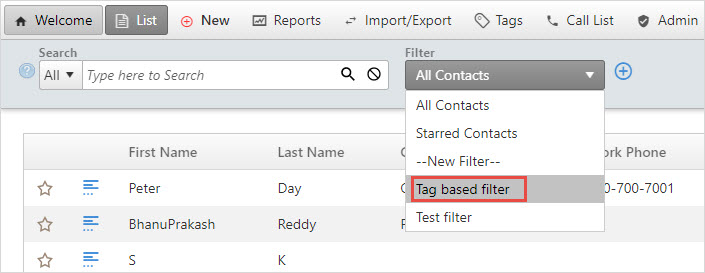 view contacts based on filter