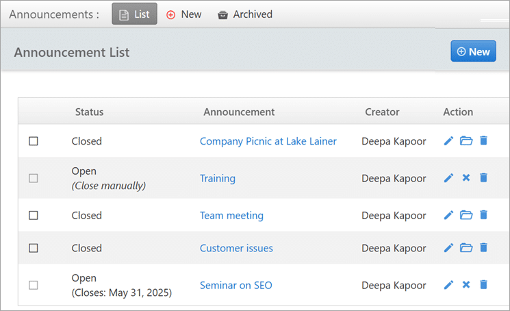 announcements list screen