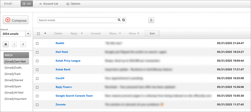Email overview screen
