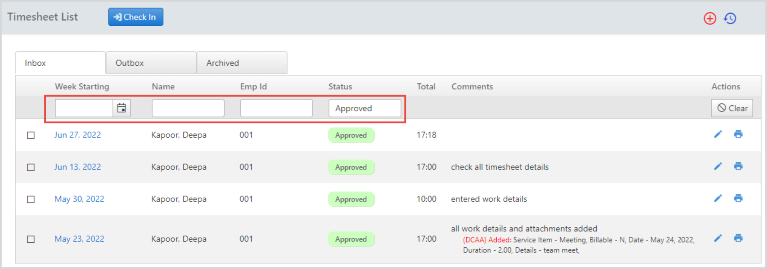 timesheet filters