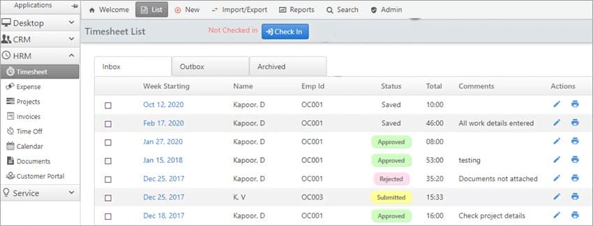 Timesheet list screen