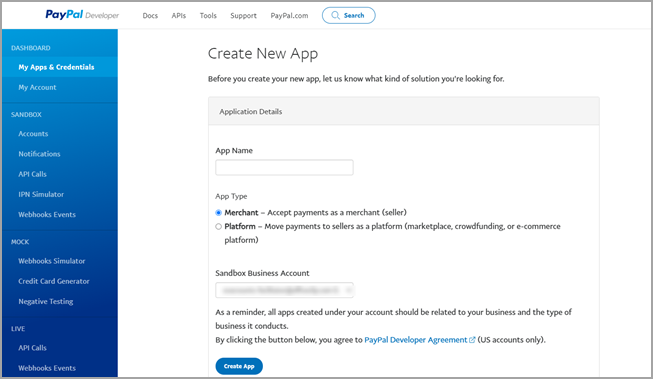 paypal create new app