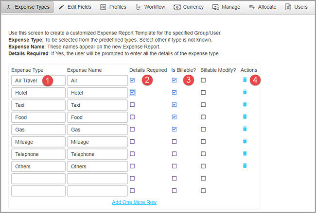 Setting up Expense types Expenses types