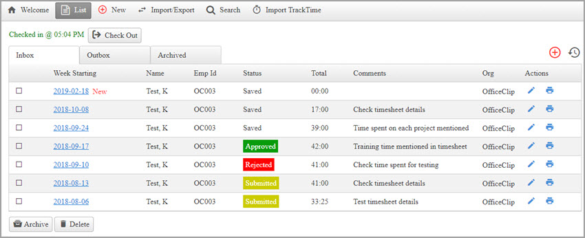 View timesheet status Timesheet Inbox