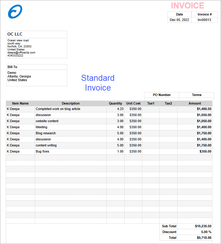 standard invoices
