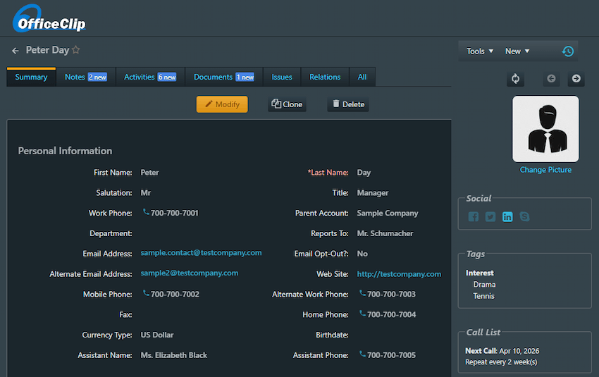OfficeClip Contact Manager Dashboard showing Peter Day contact details