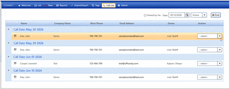 Contact Manager Daily Call List Details