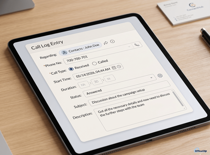 Creating a new call log in OfficeClip Contact Manager