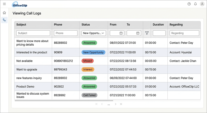 OfficeClip call log software list dashboard showing communication history